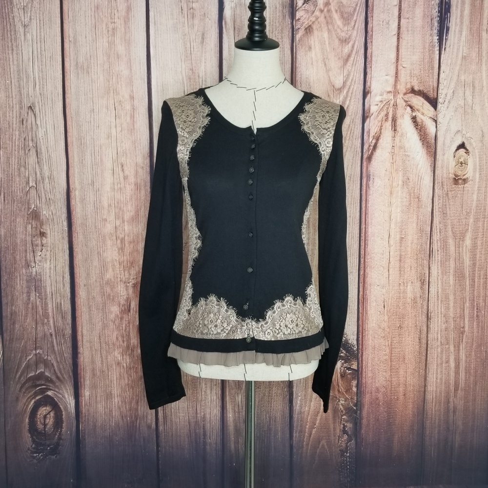 Anthro Knitted & Knotted Black with Lace Cardigan